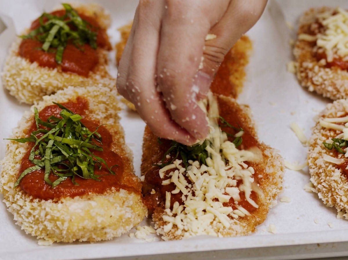 A hand sprinkling shredded mozzarella cheese and fresh basil over chicken cutlets topped with tomato sauce.