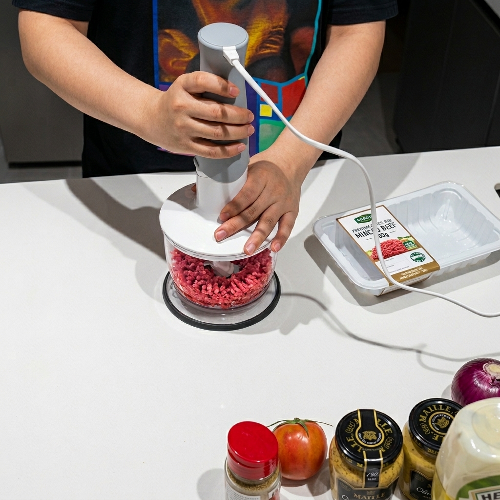 Close-up of fresh raw beef being processed through an electric meat grinder on a clean kitchen surface.