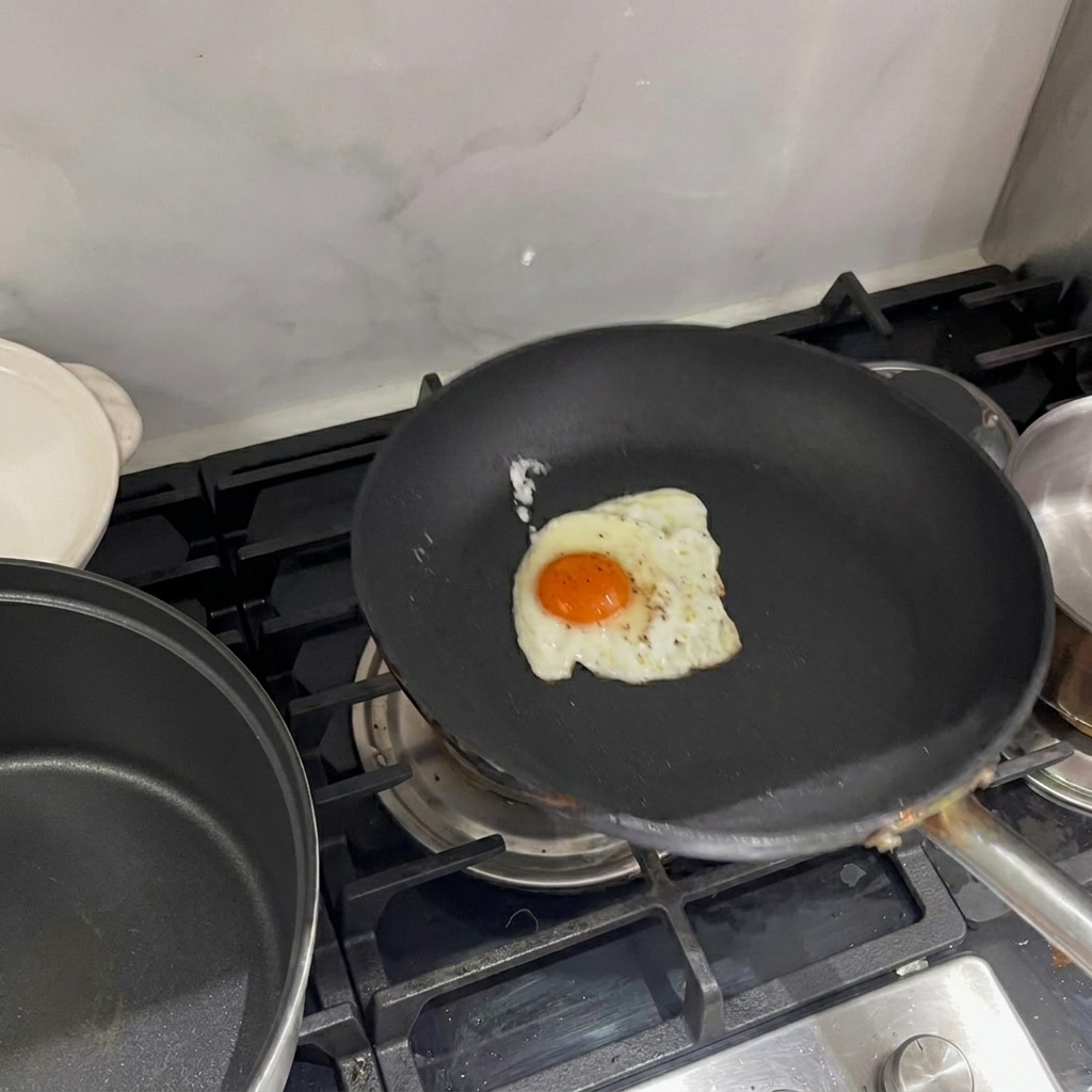 A freshly cooked sunny-side-up egg in a frying pan.