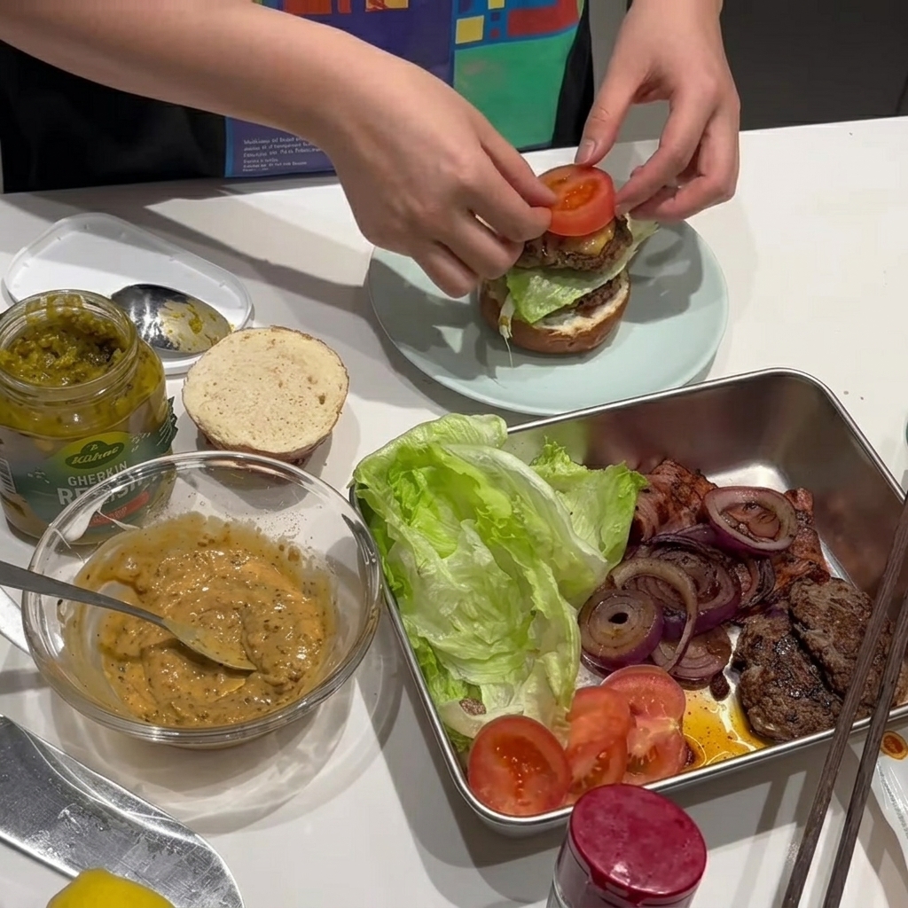 A juicy tomato slice placed on top of the burger assembly.