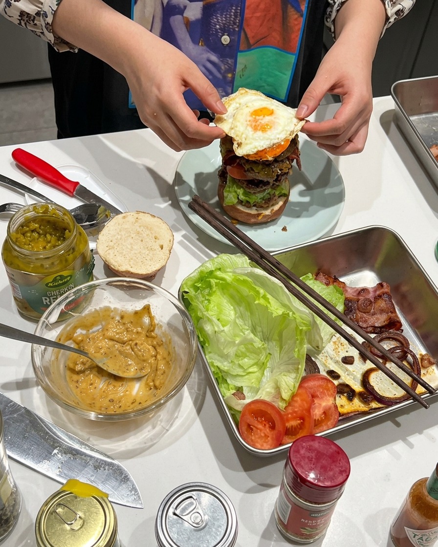 A freshly cooked sunny-side-up egg being placed onto the burger.