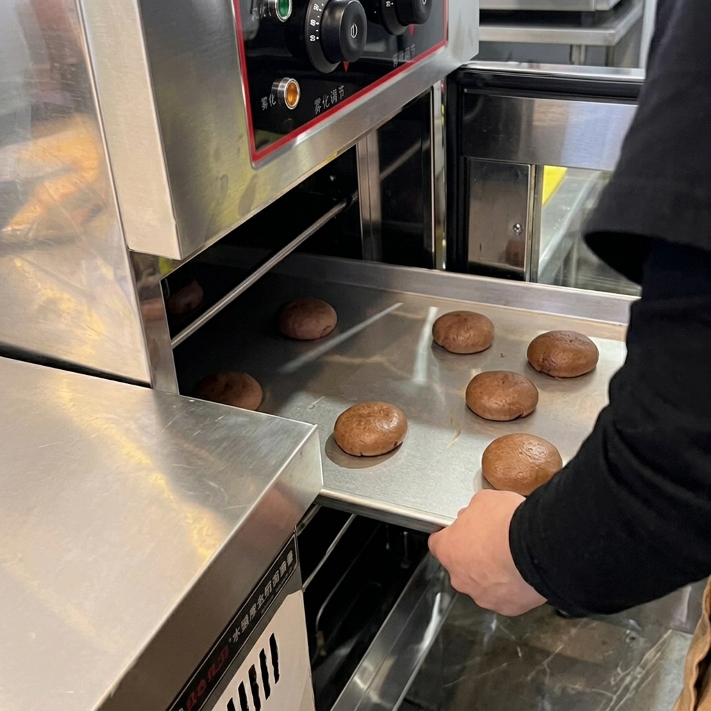 Baking tray with shaped burger buns being inserted into an industrial proofer.