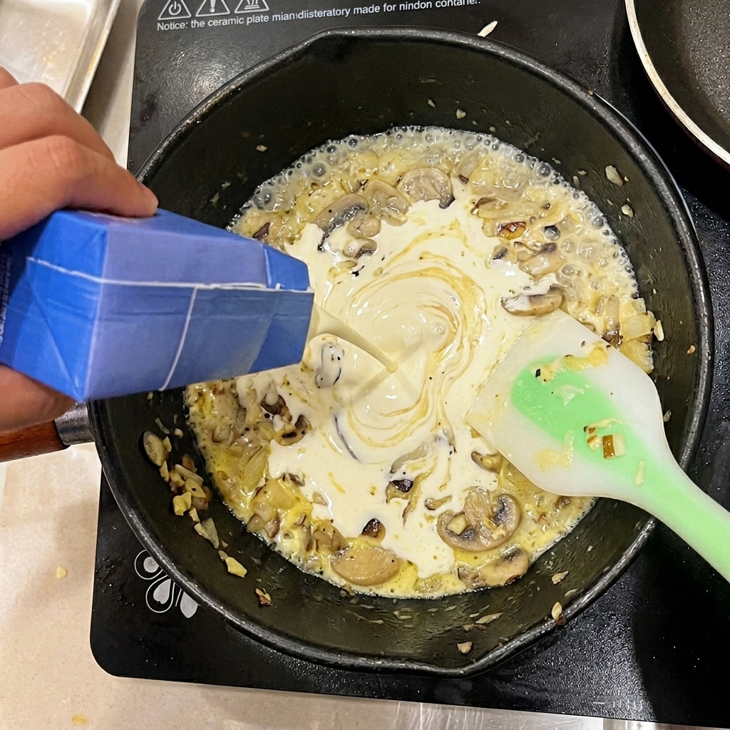 Heavy cream being poured into a pan with sautéed mushrooms and onions.