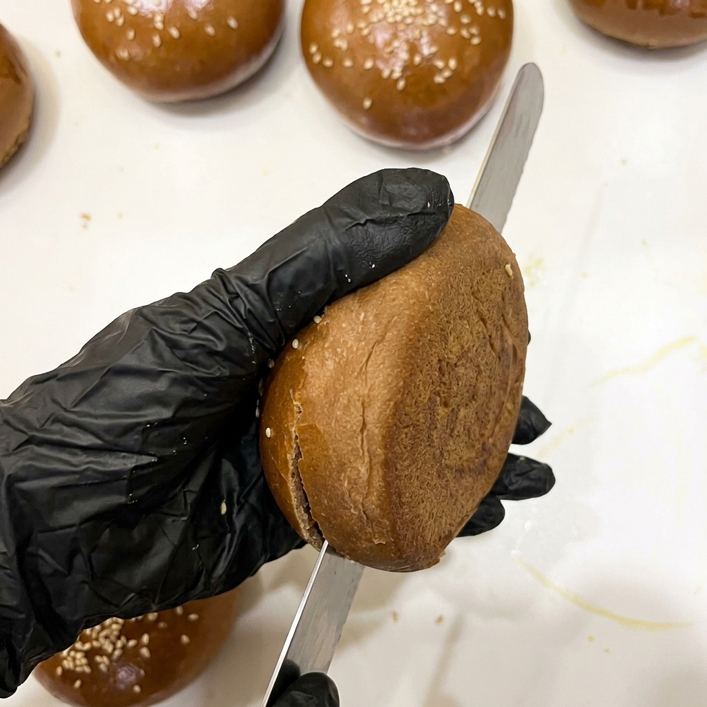 Freshly baked cocoa burger bun being sliced in half with a serrated knife.
