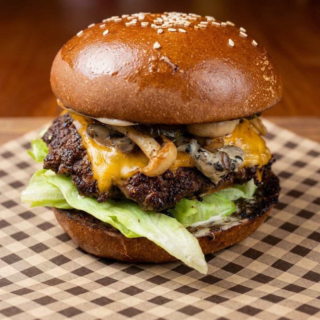 A fully assembled Truffle Cream Mushroom Burger showing distinct layers of lettuce, tomato, cheese-covered beef, and mushrooms.