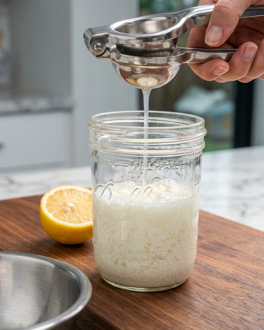 Lemon juice being squeezed from a metal citrus press into a glass jar containing skim milk.