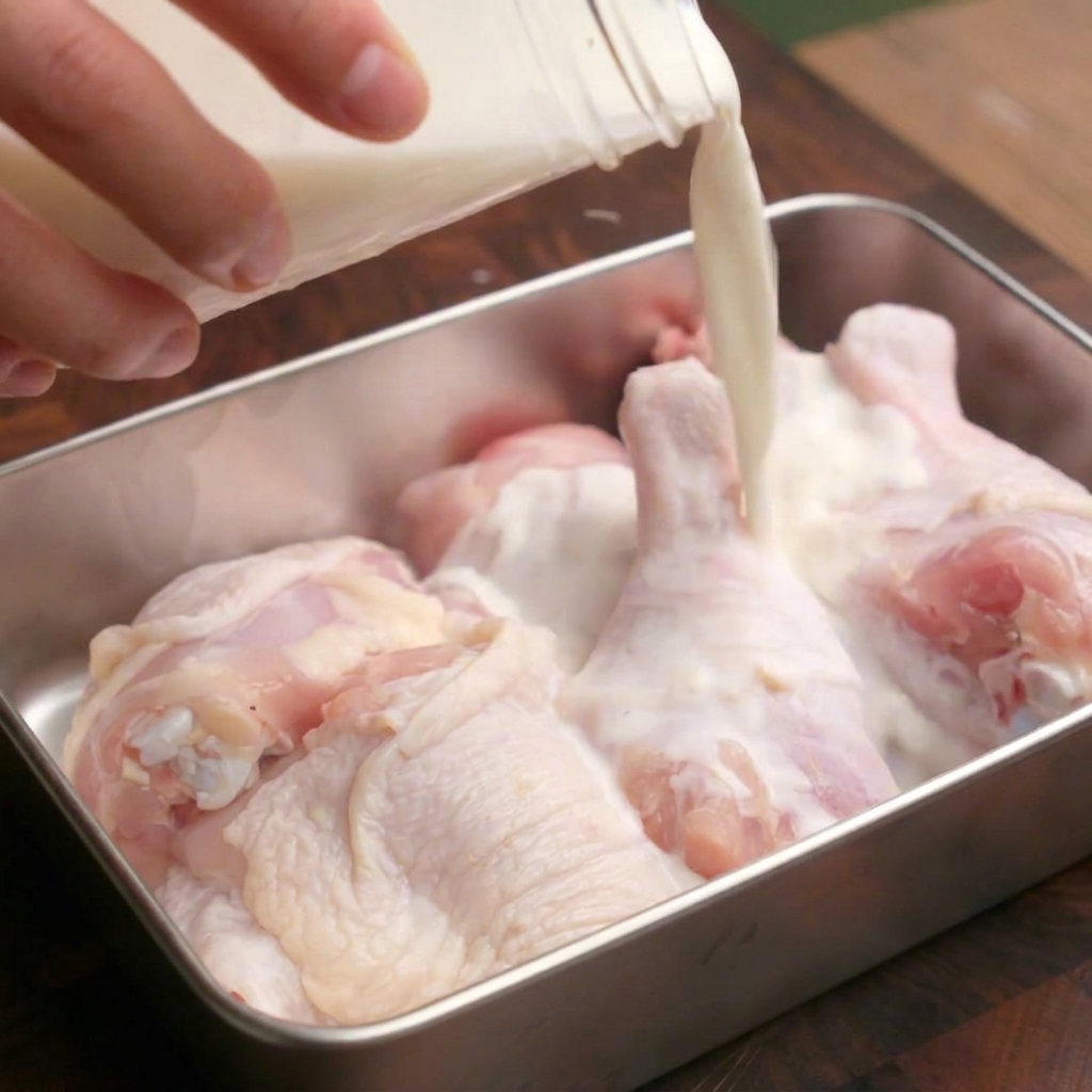 Milk marinade being poured from a glass jar over a batch of raw chicken drumsticks in a stainless steel tray.