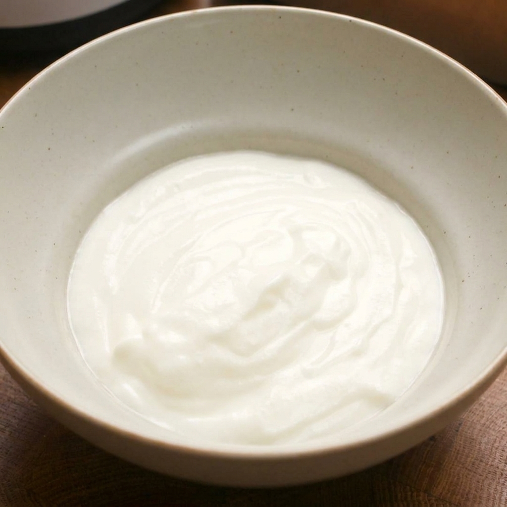 A scoop of thick plain yogurt being added to a mixing bowl that already contains grated onion.