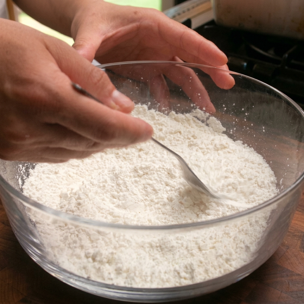 Chicken drumsticks being coated in a dry flour and starch mixture.