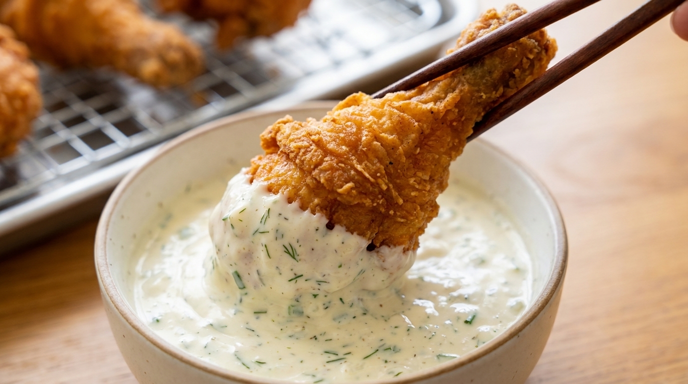 Crispy Fried Chicken with Yogurt Onion Dipping Sauce