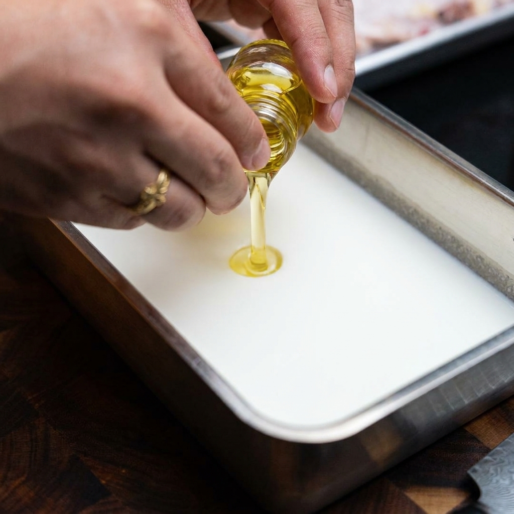 A close-up of a raw egg being whisked into a mixture of milk and various spices in a stainless steel container.
