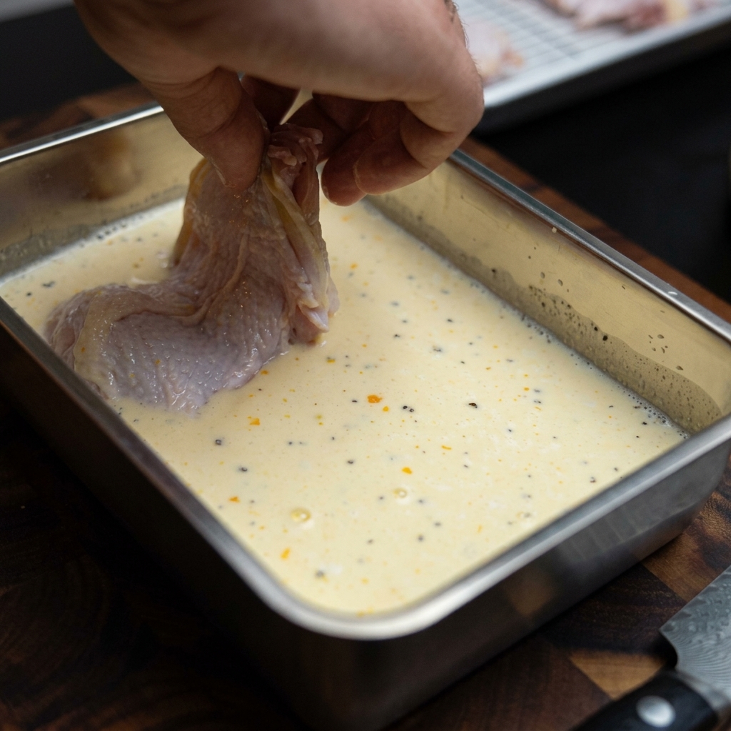 Boneless chicken thigh pieces being submerged in a creamy milk and egg marinade in a metal tray.