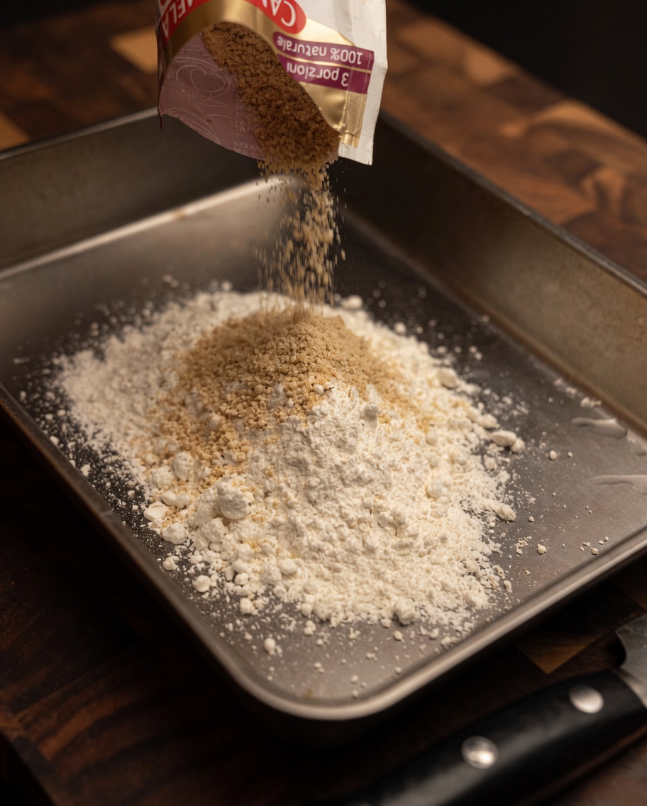 A mixture of flour, breadcrumbs, and seasonings in a metal tray with fresh Parmesan cheese being grated over the top.