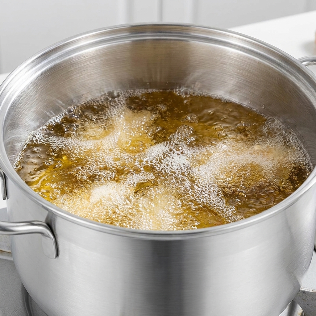 Breaded chicken thighs frying in hot oil, creating a bubbling, golden-brown crust.