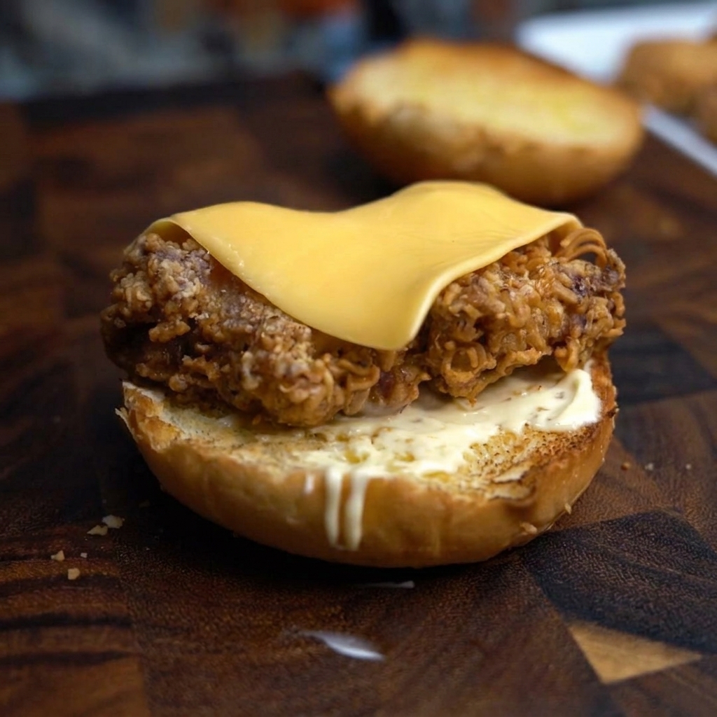 A close-up of a slice of cheese being melted on a fried chicken fillet with a kitchen torch.