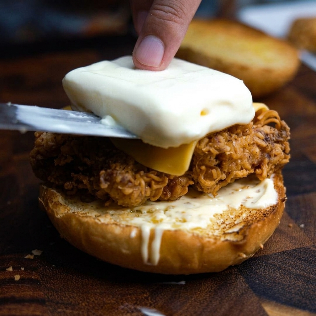 A block of ice cream being placed onto the cheese-topped fried chicken and drizzled with honey.