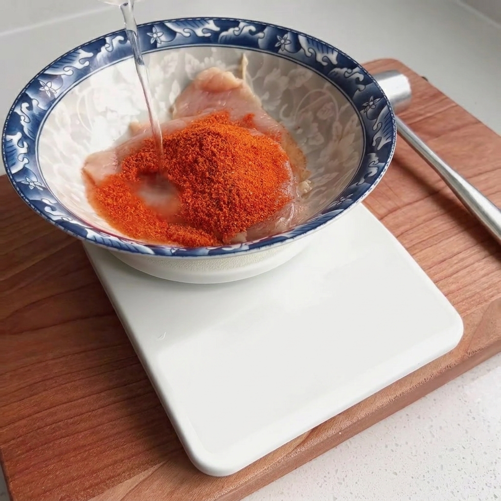 Clear water being poured into a bowl with seasoned raw chicken breast.