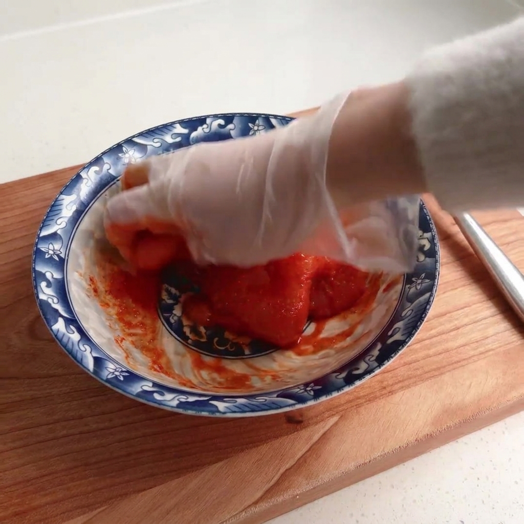 A gloved hand mixing the red marinade into the raw chicken in a bowl.