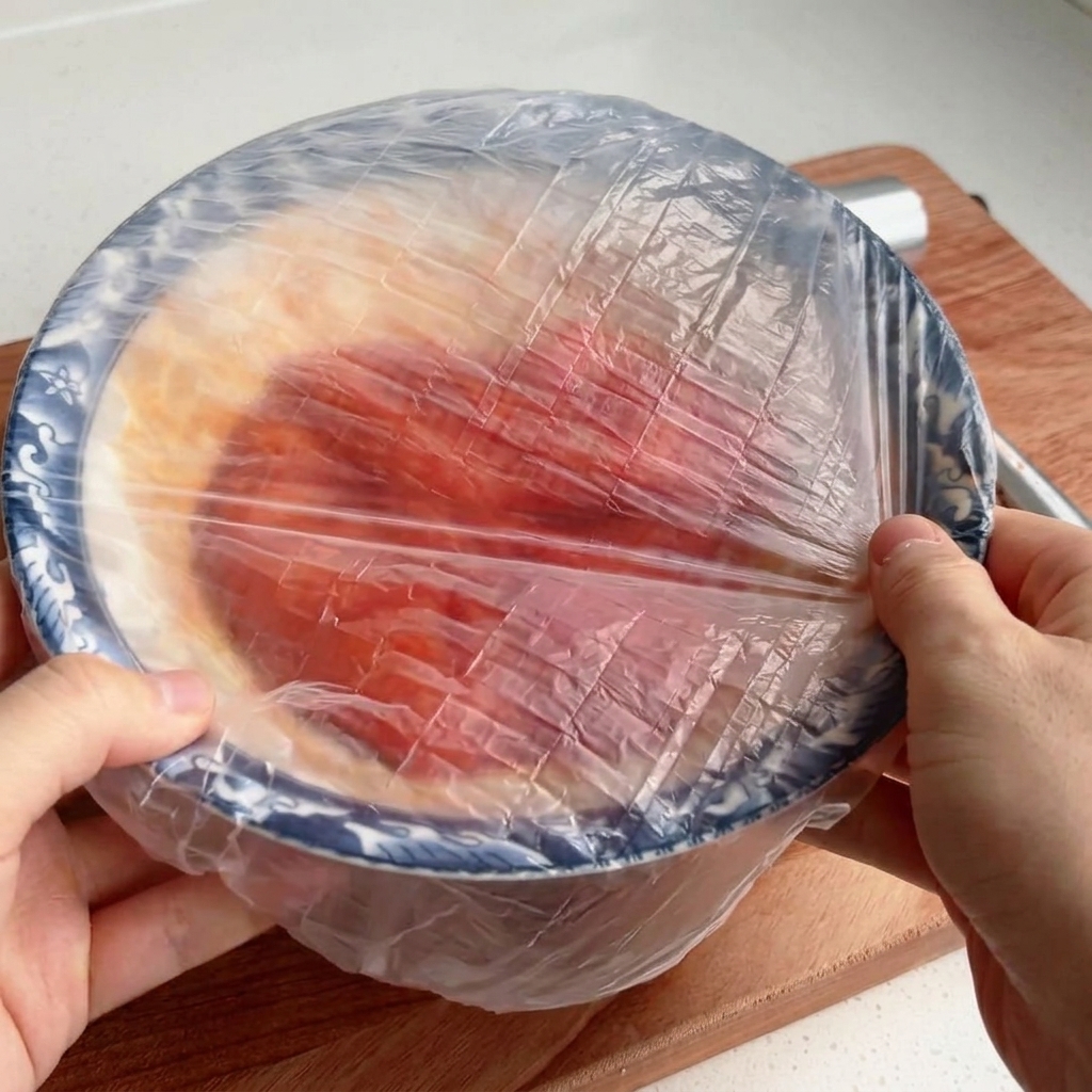 A bowl of marinated chicken being sealed with clear plastic wrap.