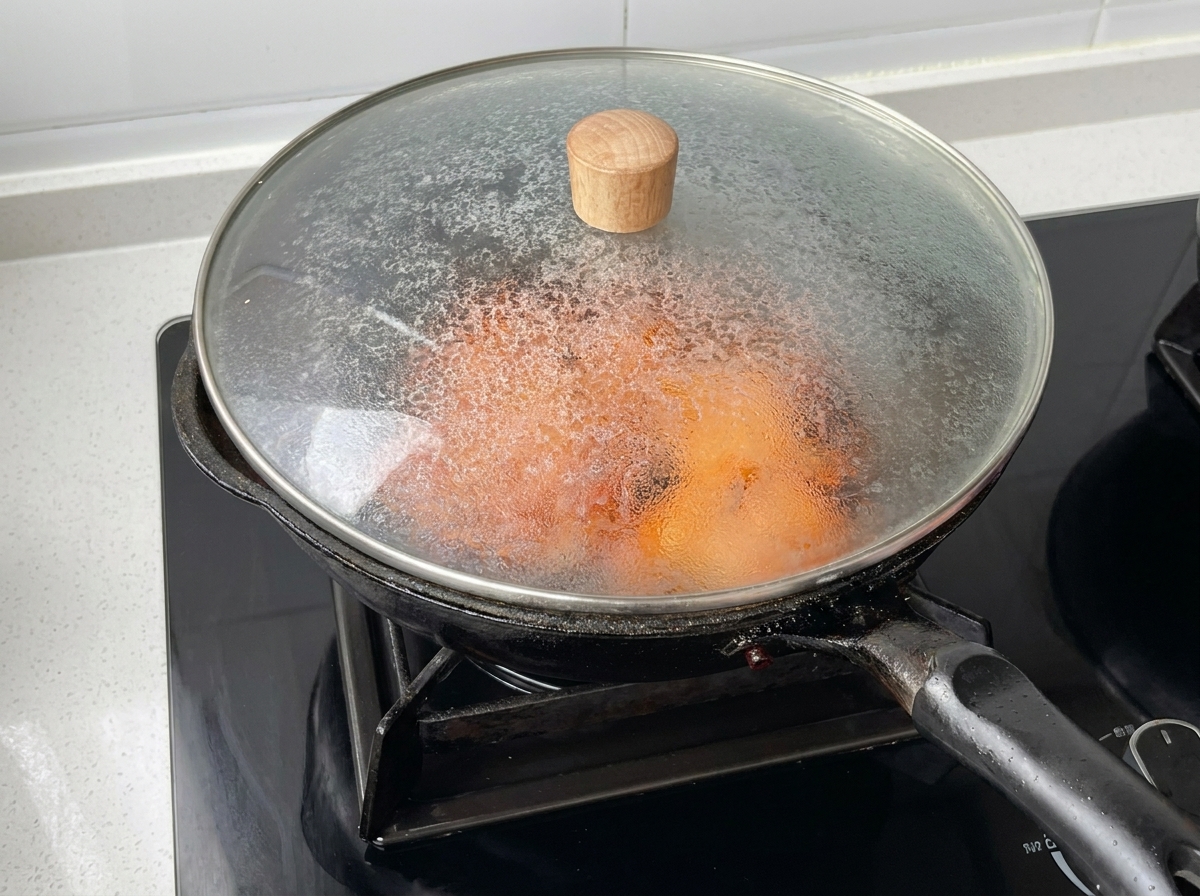 A pan covered with a glass lid, containing the chicken as it simmers.