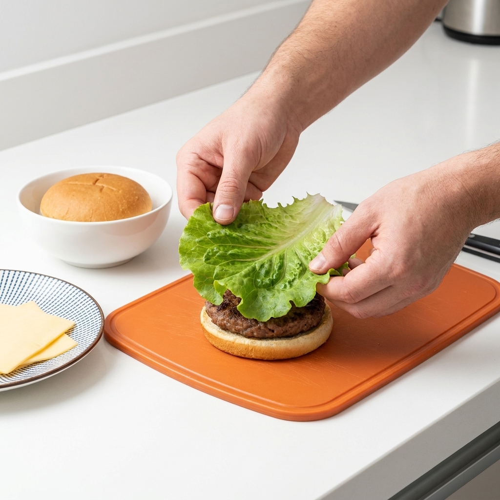 A fresh green lettuce leaf being placed on top of a toasted burger bun half.