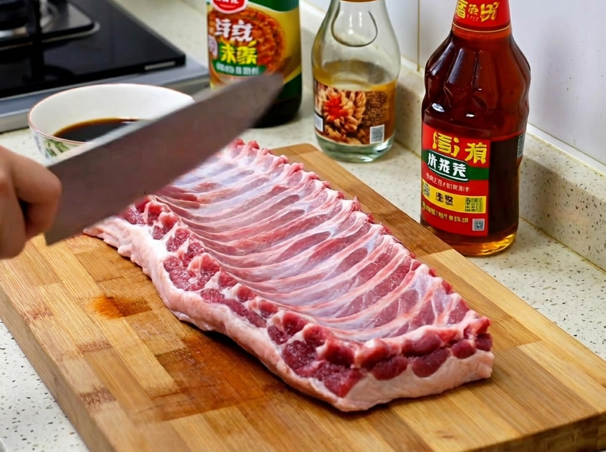 Pork ribs coated in a dark, rich sauce within a stainless steel mixing bowl, surrounded by sauce bottles.