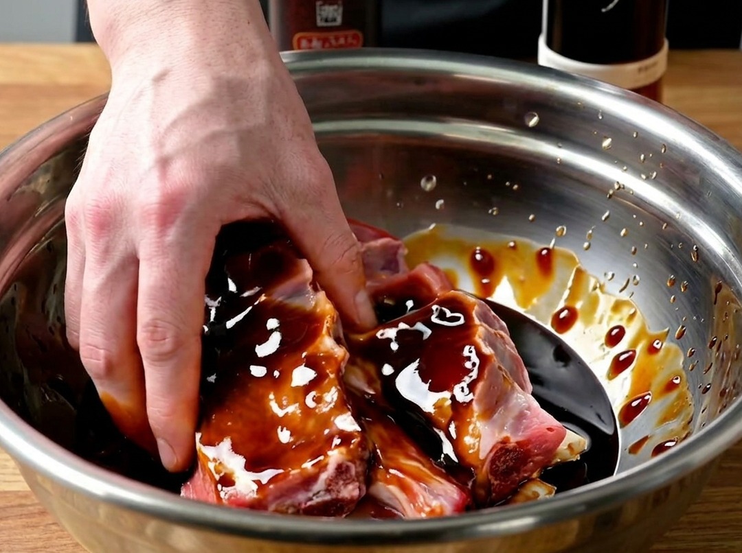 Close-up of hands massaging marinade into raw pork ribs in a metal bowl.