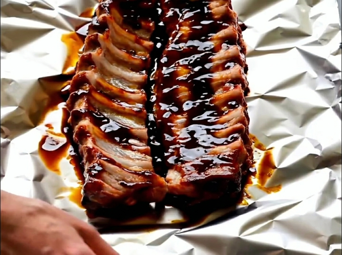 Marinated pork ribs spread out on a large sheet of reflective aluminum foil.