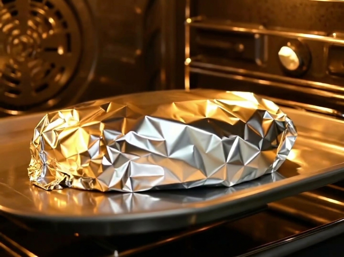 A foil-wrapped package of pork ribs sitting on a baking tray, ready to go into the oven.