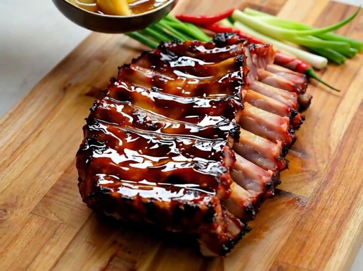 A close-up view of a brush coating the surface of the roasted pork ribs with a rich, dark glaze.