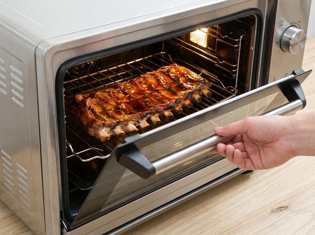 The pork ribs placed back inside the oven on the rack for the final caramelization stage.