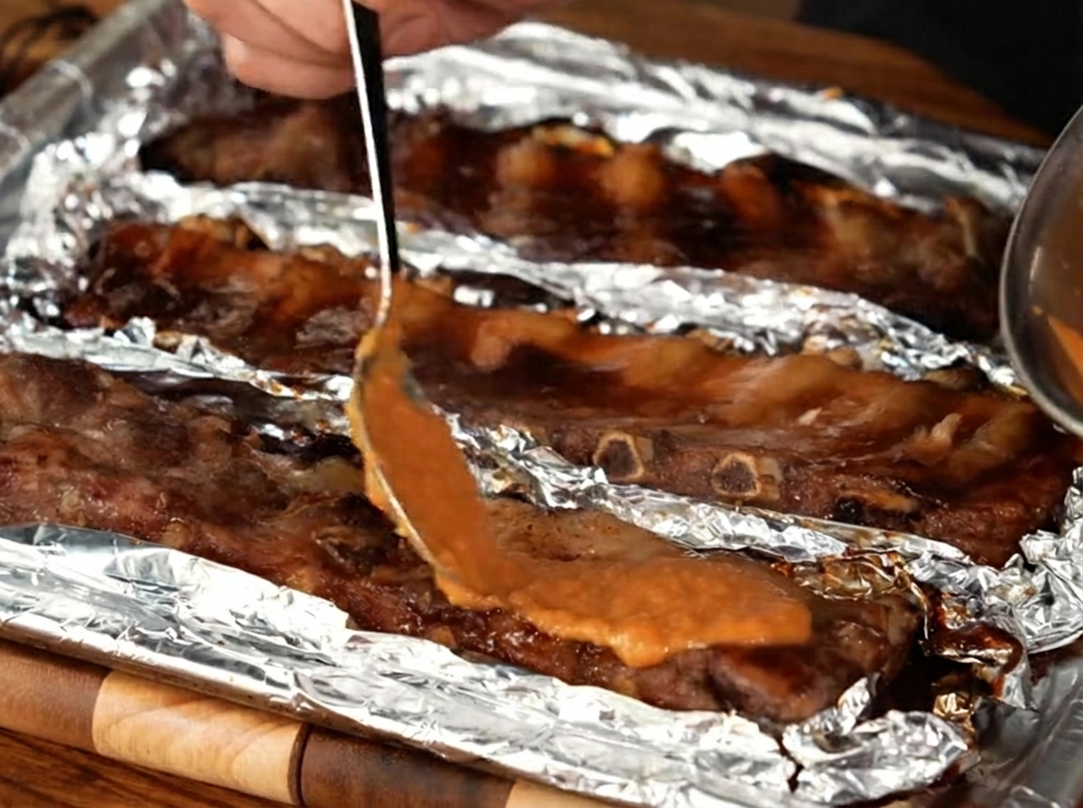 A pastry brush applying a thick, smooth sauce over roasted pork ribs arranged on a baking tray lined with aluminum foil.