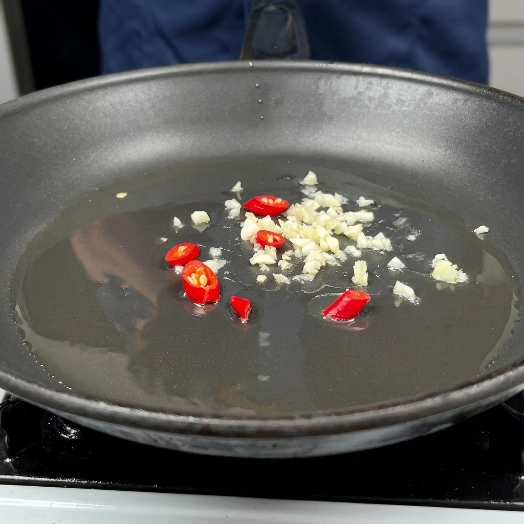 A pan with hot oil and sautéing minced garlic, red onion, and chili peppers.