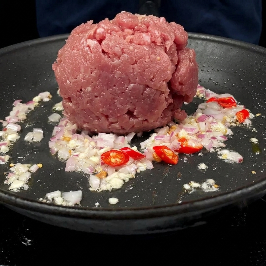 Ground pork being added to a pan containing sautéed garlic, chili, and onion.