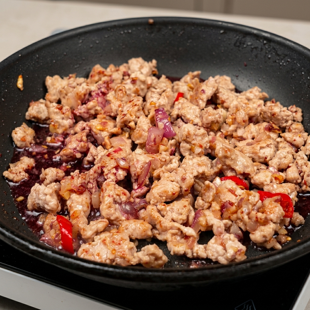 Red wine being poured into a pan with ground pork.