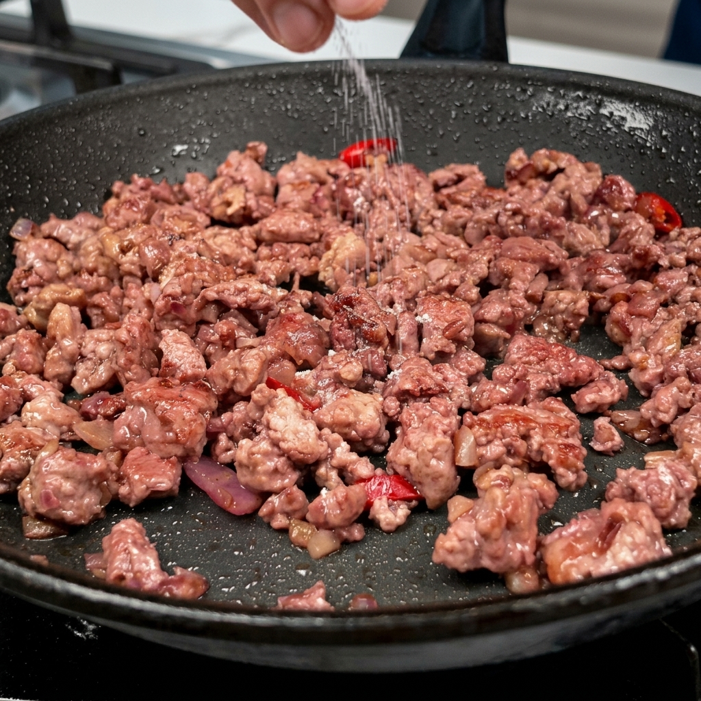 Sea salt and black pepper being ground onto the cooking pork in the pan.