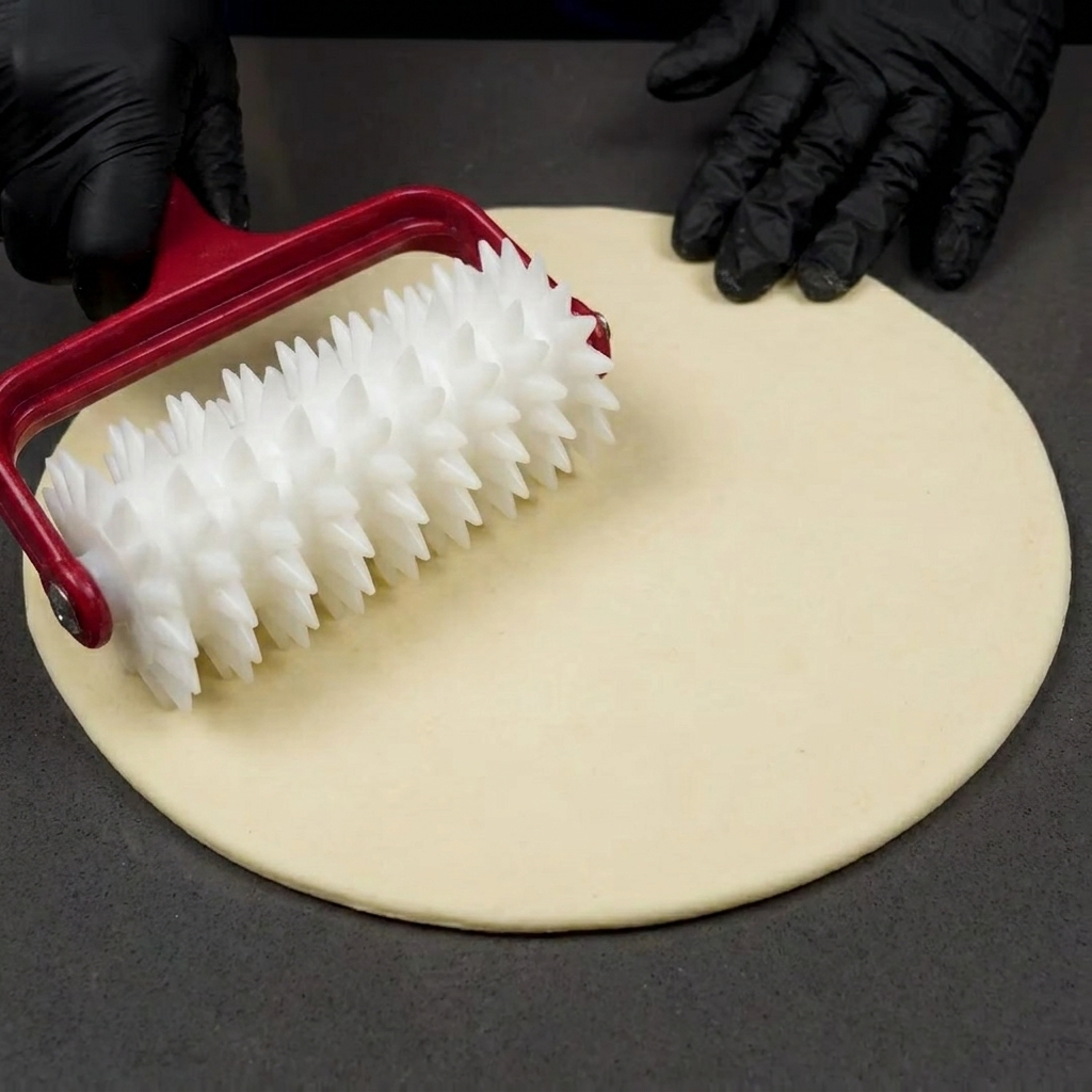 A dough docker tool being used to poke holes in the circular pizza crust.