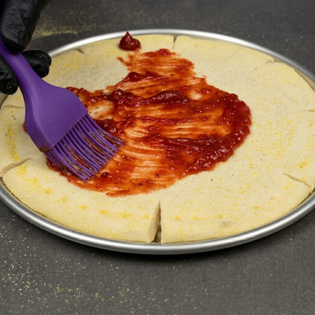 A silicone brush applying a vibrant red pizza sauce onto the center of a circular pizza dough, within a metal tray.