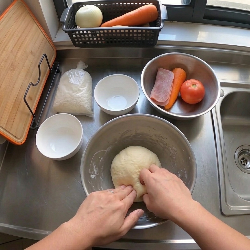 Hands placing shredded cheese and cooked minced pork onto a sauced pizza dough base in a metal bowl.