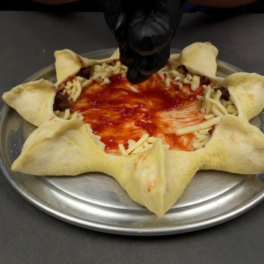 Hands folding the cut sections of the pizza dough inward, creating a star-like pattern around the central cheese and meat topping.