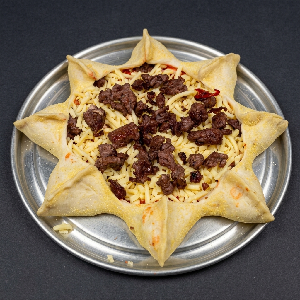 A star-shaped pizza crust filled with a mixture of shredded cheese, browned pork, mushrooms, and small tomato slices, ready for the oven.