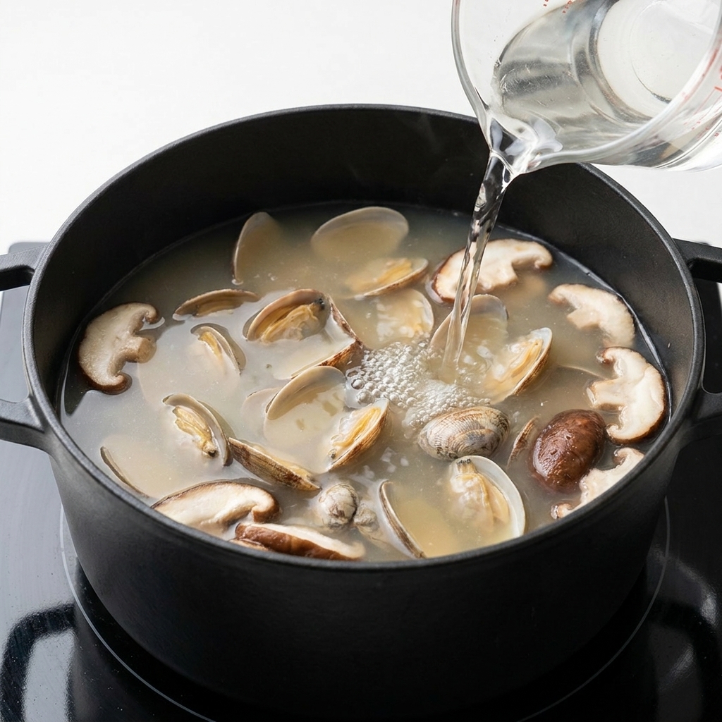 Cooking wine being poured into the simmering soup pot.