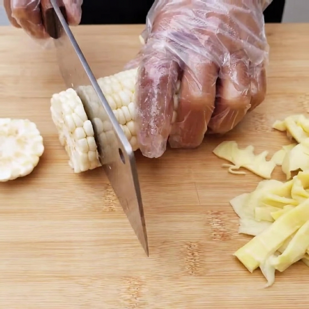 A corn cob being sliced into thin, uniform rounds on a wooden board.