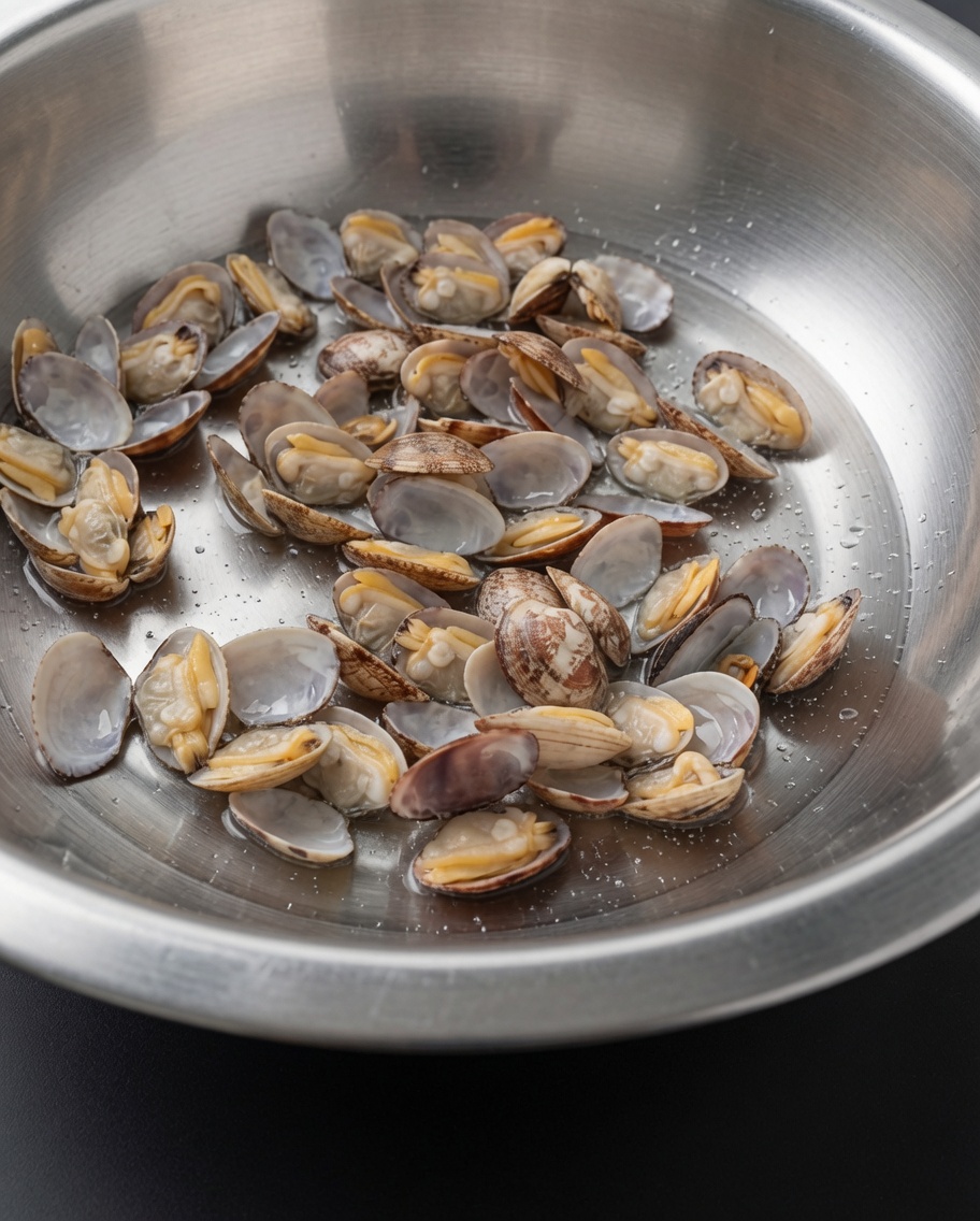 Blanched clam shells being rinsed under a stream of cold water in a stainless steel bowl.