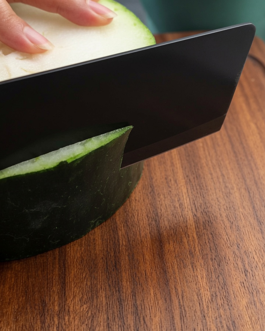 A black chefs knife slicing through a piece of fresh winter melon on a dark wood board.
