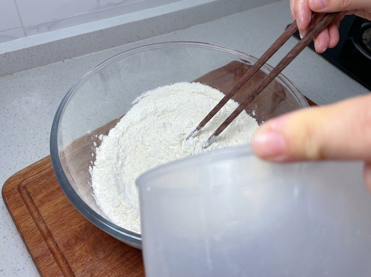 A raw circular scallion pancake laid on parchment paper, showing a clean cut from the edge to the center.