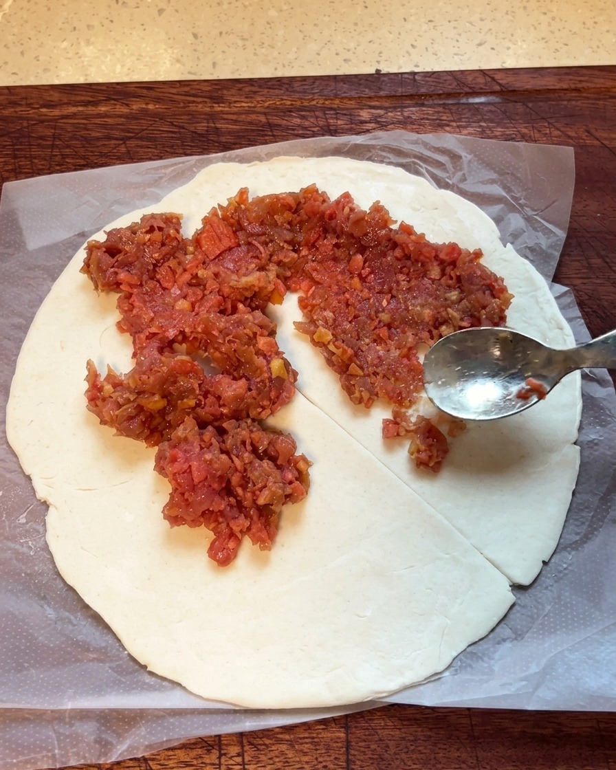 Meat filling being spread onto a scallion pancake with a metal spoon, covering most of the surface.