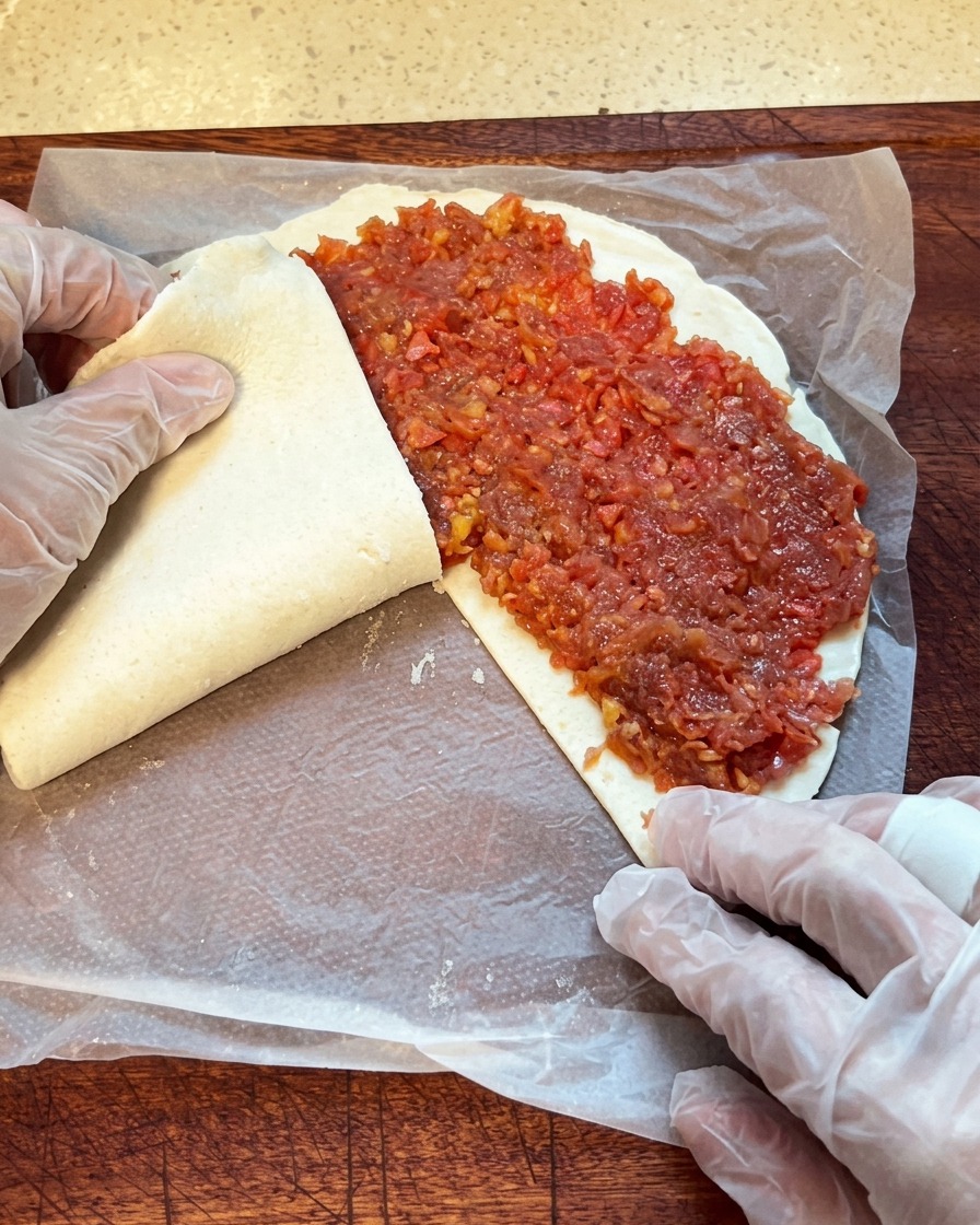 A scallion pancake being folded layer by layer while wearing plastic gloves, showcasing the filling inside.