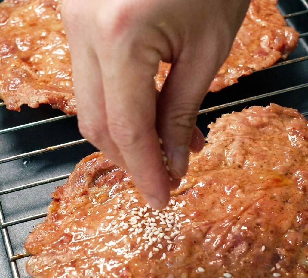 White sesame seeds being sprinkled onto the glazed pork jerky slices.