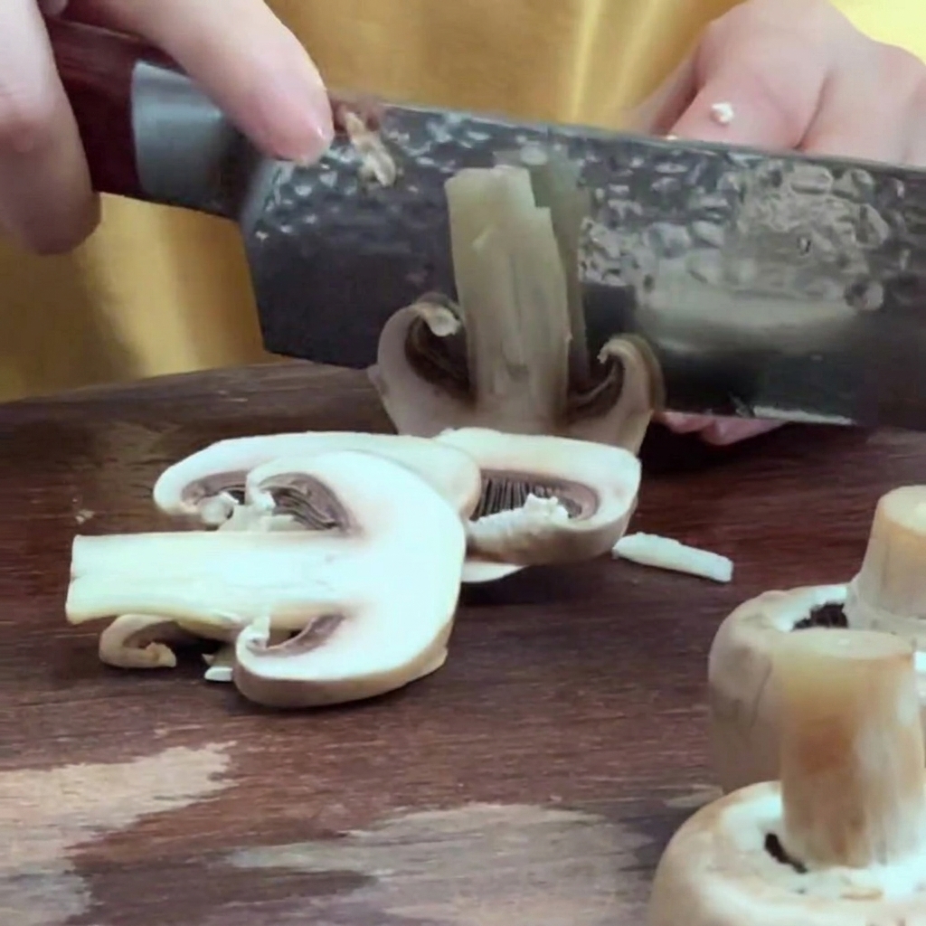 Fresh mushrooms being sliced into thin, even pieces on a wooden cutting board.